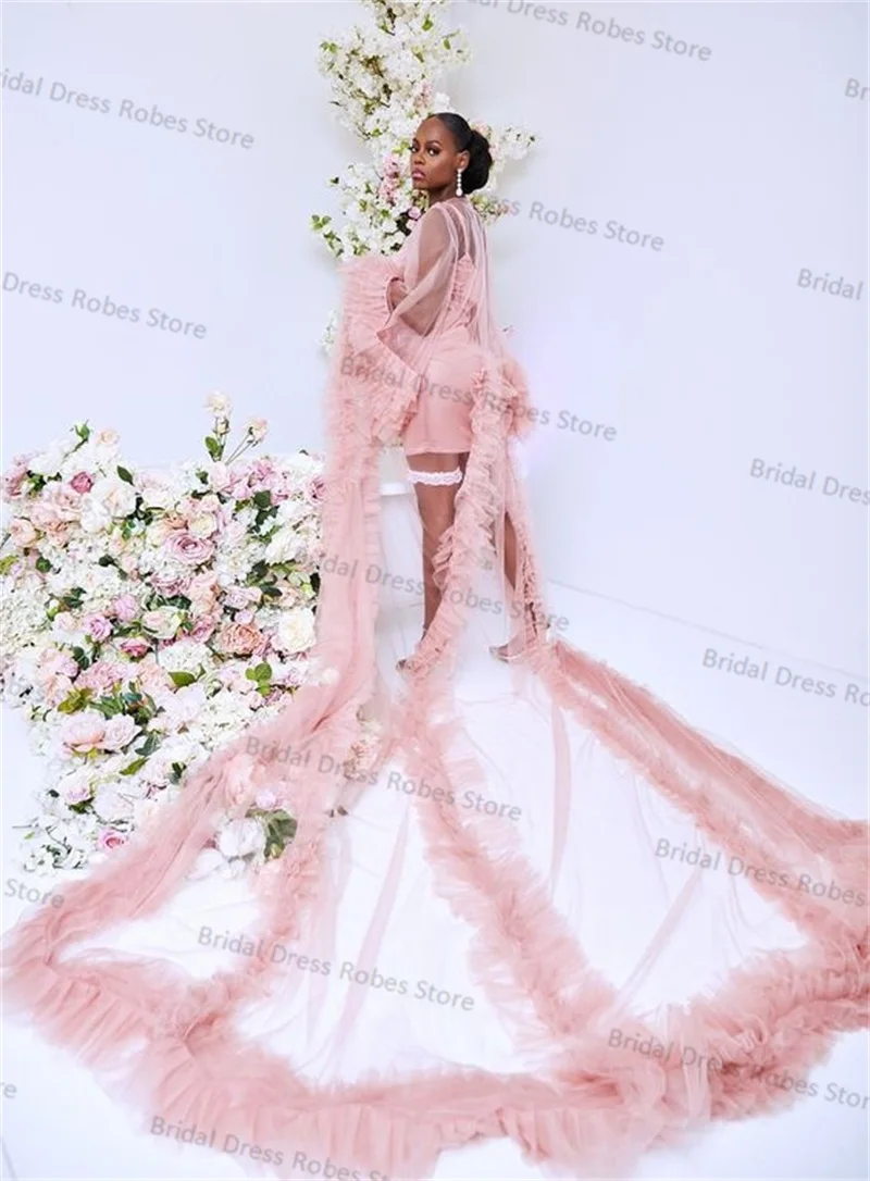 2 Pieces Pink Maternity Dresses for Photo Shoot Full Sleeves Slip Dress+Long Robe Puffy Mesh Pregnant Custom Made Prom Robes image 2