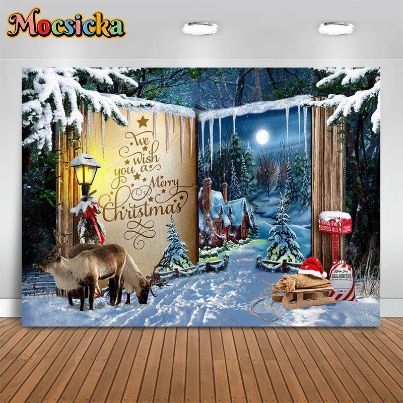 Mocsicka Christmas Photography Backgrounds Book Book Snowy Moose New Year's Eve Party Boys Girls Kids Photo Backdrops Banner