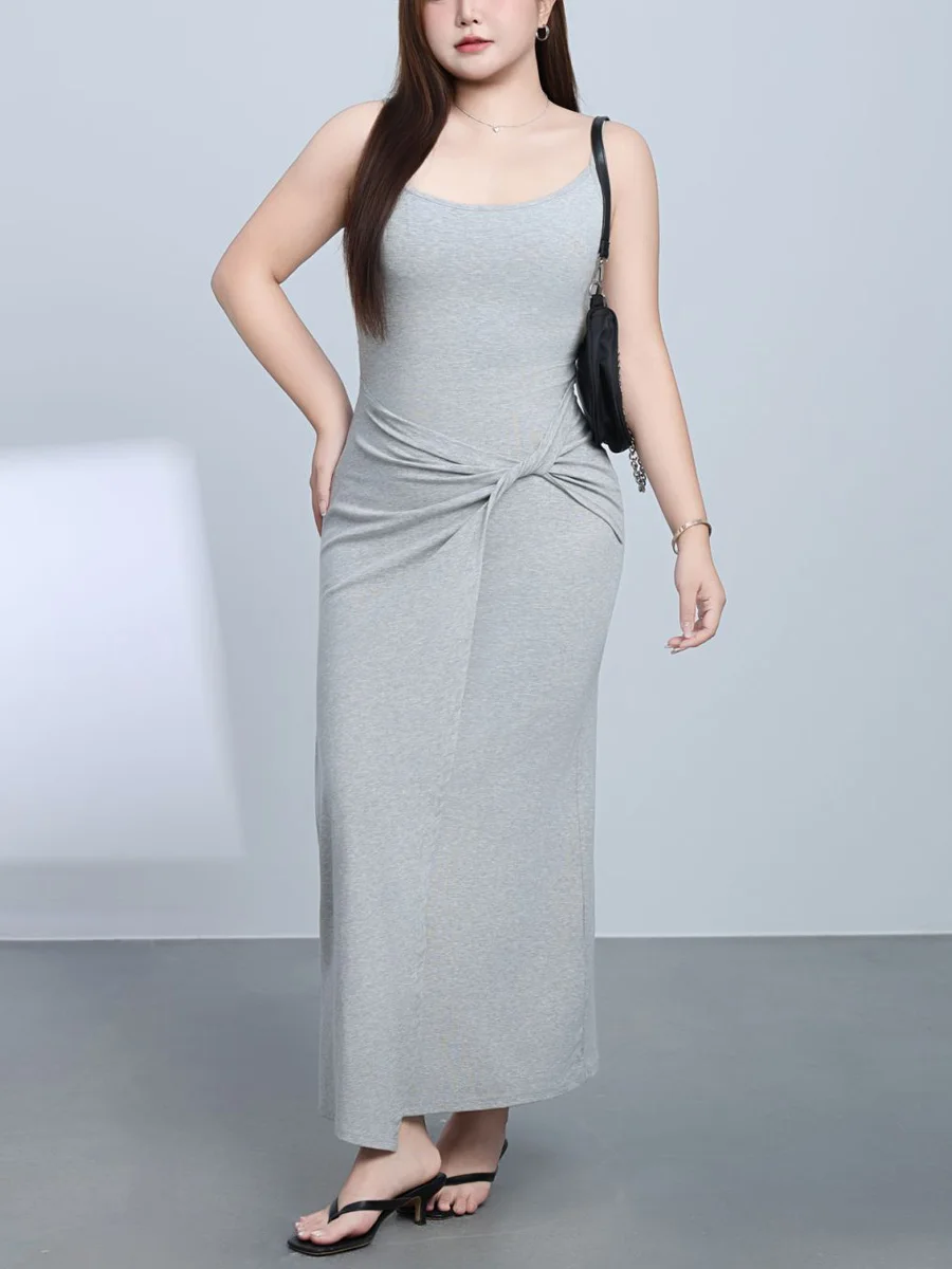 

Plus Size French Hot Girl Twisted Knot Waist Slim Sexy Premium Knitted Front Slit Design Spaghetti Strap Dresses For Women