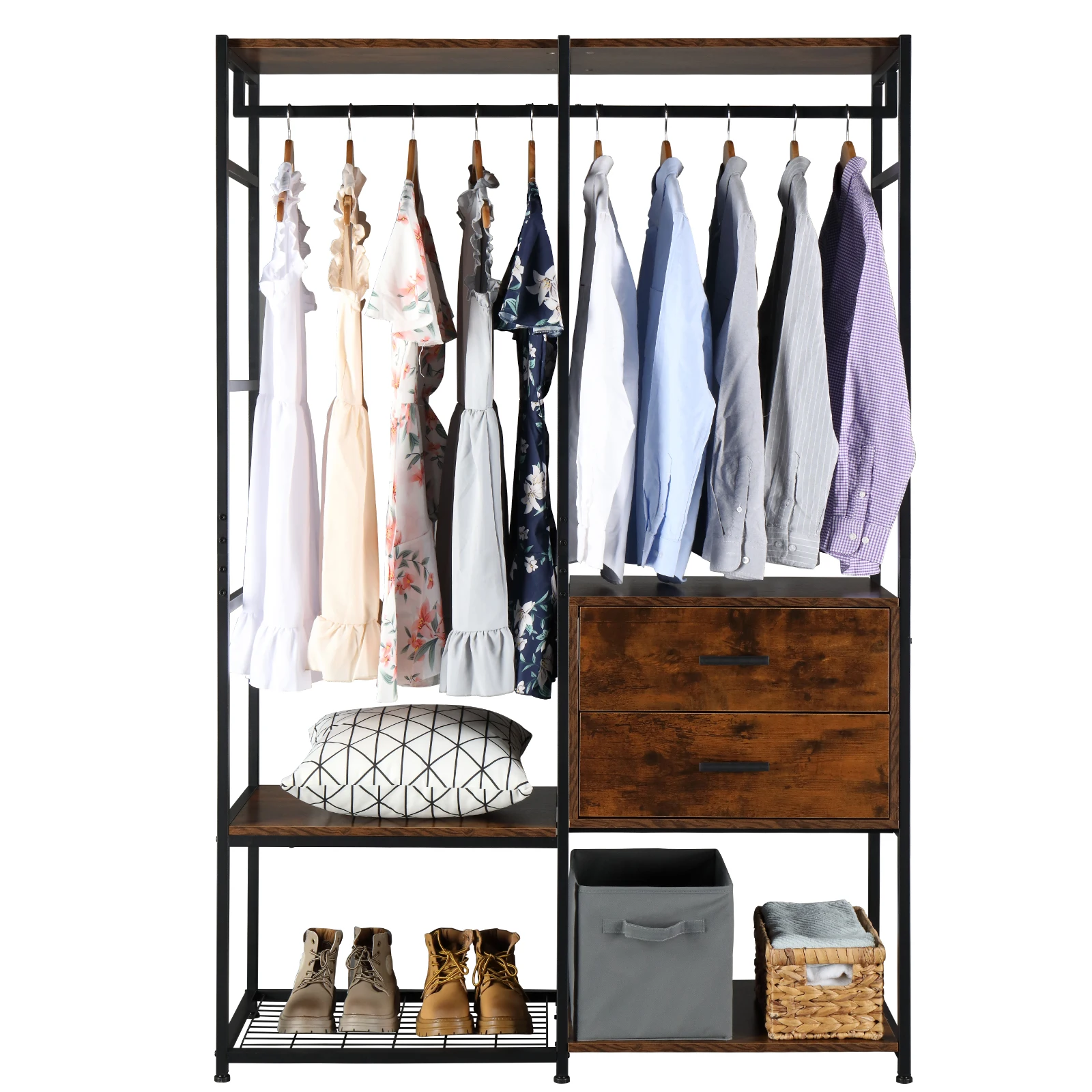 Independent Wardrobe Manager, Hanger, Multiple Storage Racks And Drawers, Heavy Metal Closet Storage Rack For Bedroom -Black