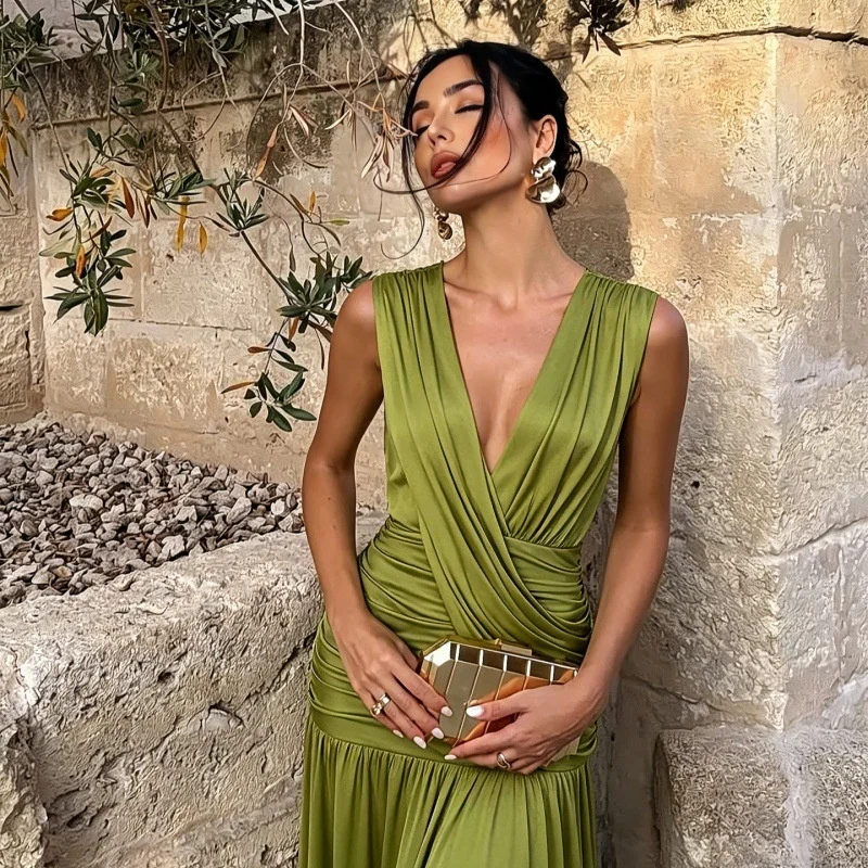 Mozision Elegant Deep V Neck Sexy Maxi Dress Women Fashion Sleeveless Draped Ruched Waist Bodycon Club Party Long Dresses Female