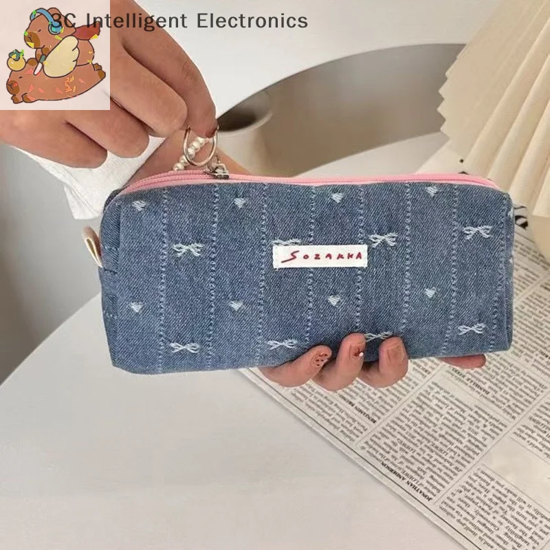 Ins Style Denim Pencil Case Cute Multi Functional Large Capacity Stationery Organizer Storage Bag Student Pen Bag Makeup Bag