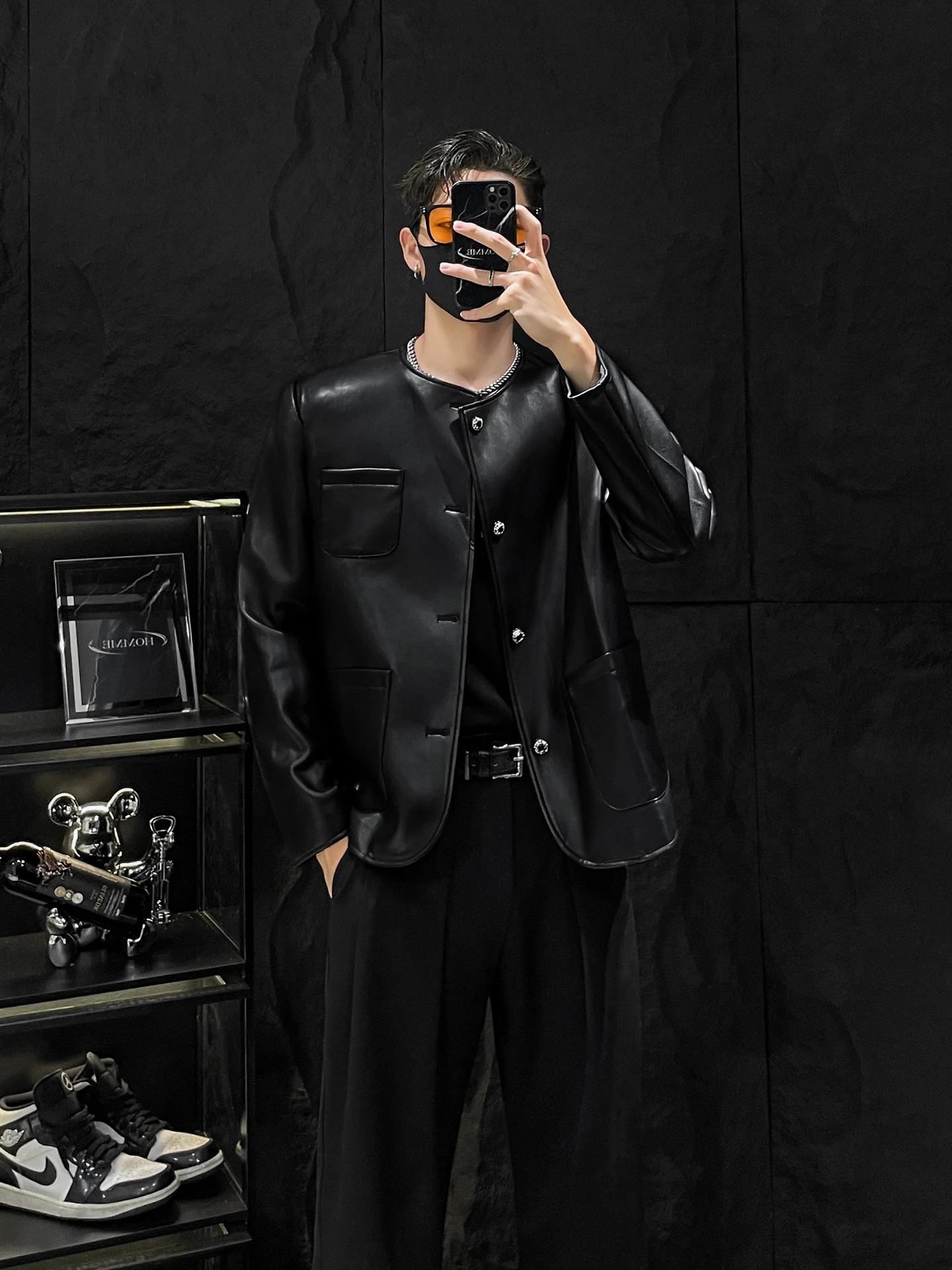 

HOMME round Ne PU Leather Jaet Men's Sli ort Coat oulder Padded Outerwear Casual Youthful Sle Chinese Brand