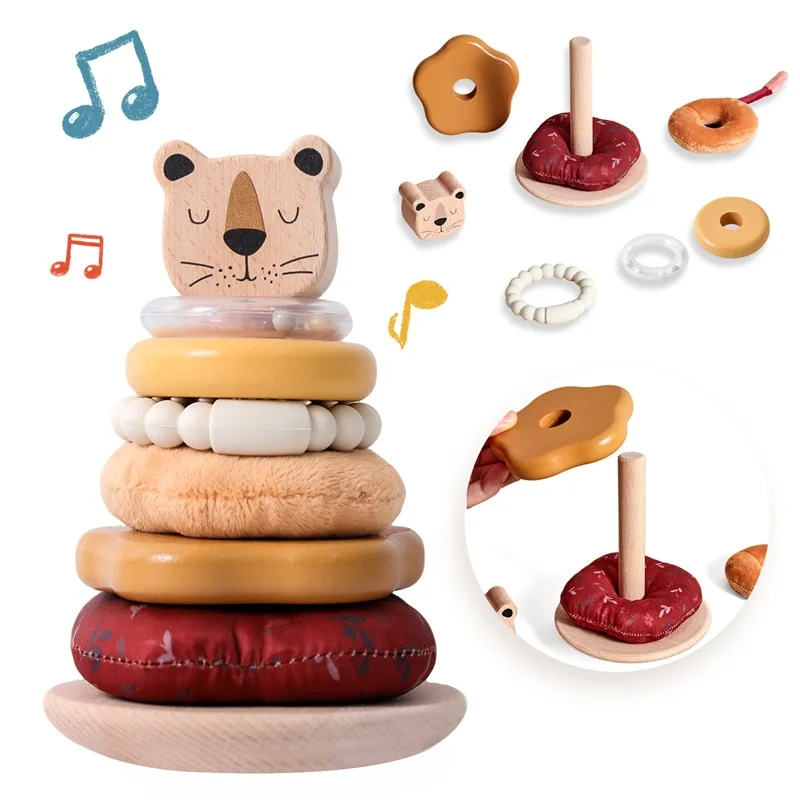 LazyChild Baby Early Education Educational Lion Stacking Column Toy Wooden Toddler Hands On Brain Stacking Shape Building Blocks