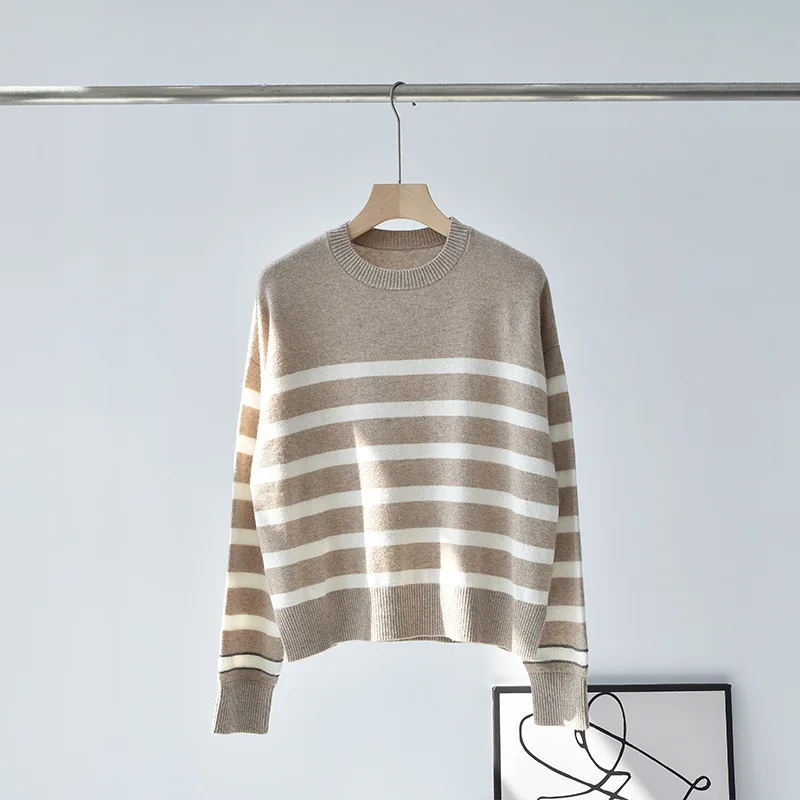 

Women's Cashmere Round Neck Striped Pullover, Contrast Color, Bead Chain, Knitted Sweater, Female Clothing, Autumn, Winter, New