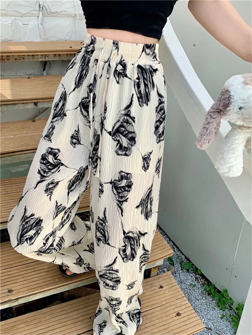 Casual Chiffon Wide Leg Pants Women Spring Summer Loose Pleated Pants  Elastic High Waist Loose Print Straight Trouser M-6XL 7XL