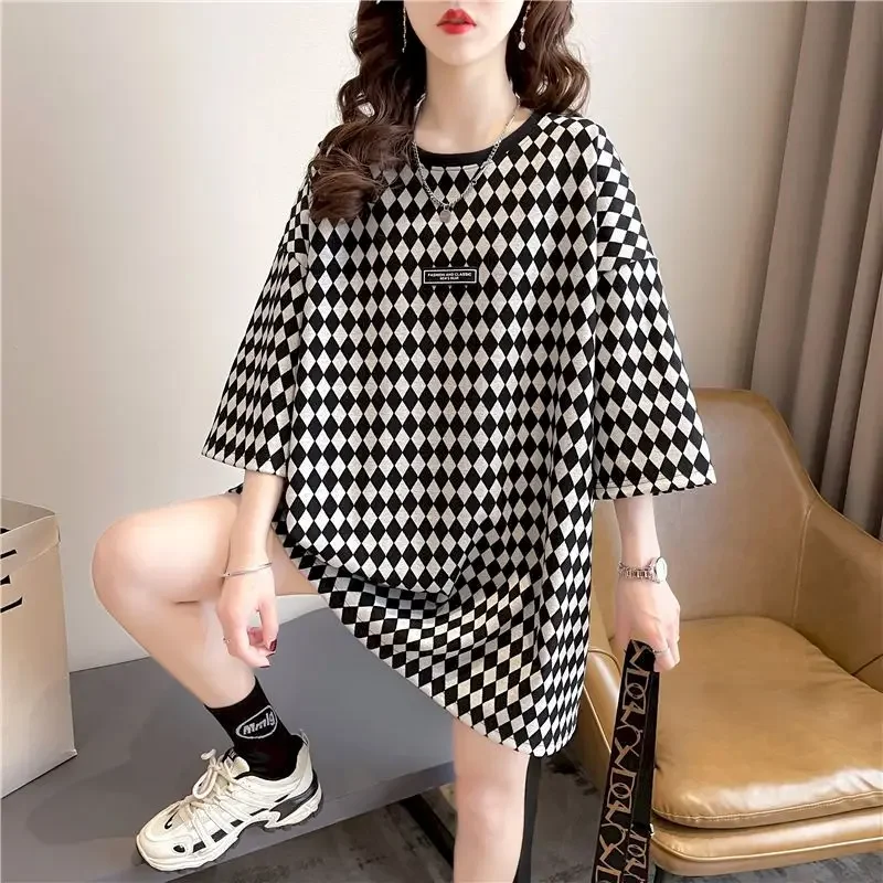 

2025 New In T Shirt Women Korean Style Houndstooth Short Sleeve T-shirt Patch Stitching Loose Medium-length Fashion Tops Clothes