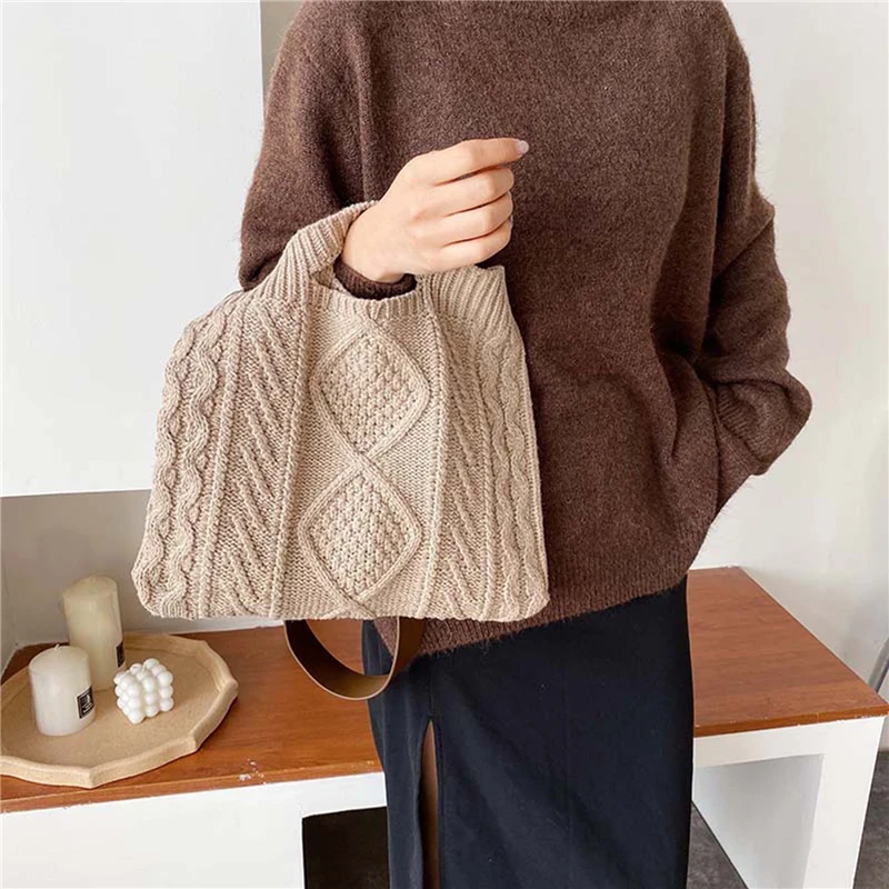 Female Woolen Knitted Braid Criss Cross Handbag Teenager Crochet Winter Korean Fashion Retro Chic Big Capacity Over Shoulder Bag