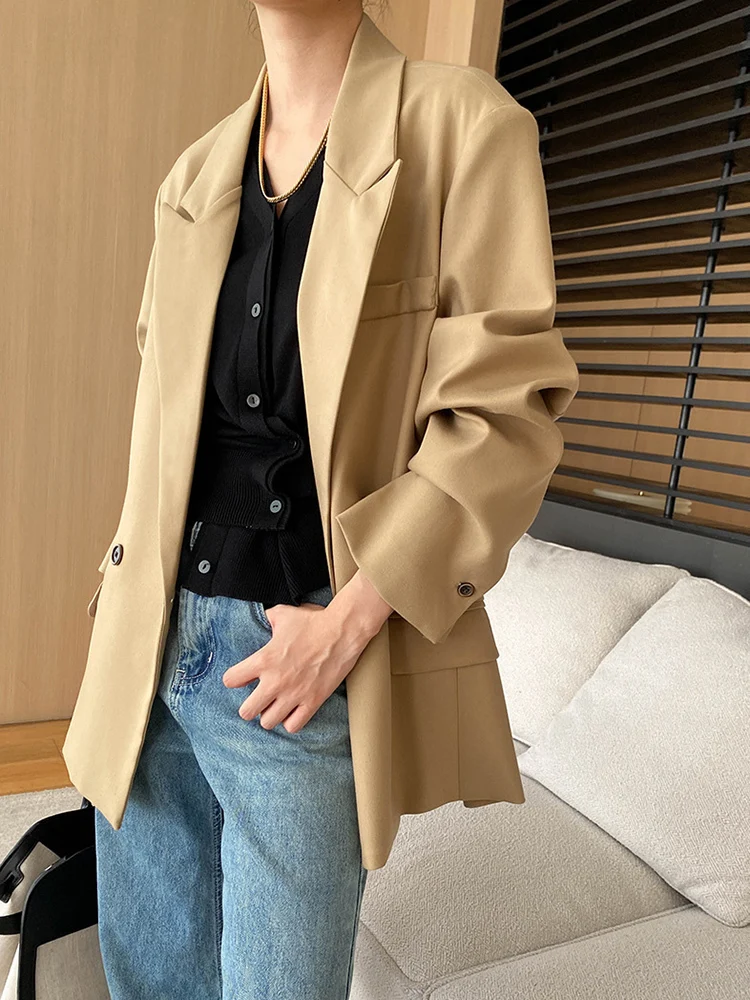 [EAM] Women Coffee Gray Khaki Elegant Big Size Blazer New Lapel Long Sleeve Jacket Fashion Tide Spring Autumn 2024 1DH7054