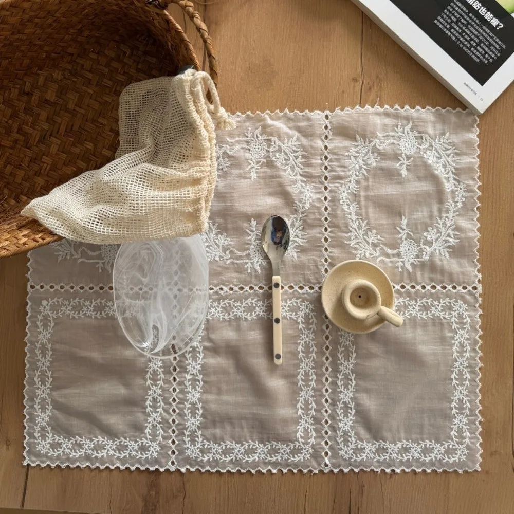 Classical Flower Embroidered Lace Placemats Soft Flounced Lightweight Cloth Napkins Square French Coasters Table Decor