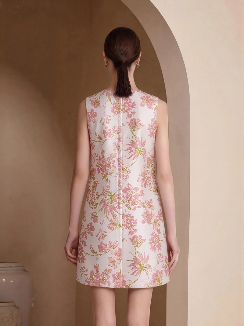 MIUXIMAO 2026 Slim Spring Summer Dress Pink Flower Leaf Jacquard A-Line Mini Short  Cute Diamonds Dress Women's Vestido Fashion
