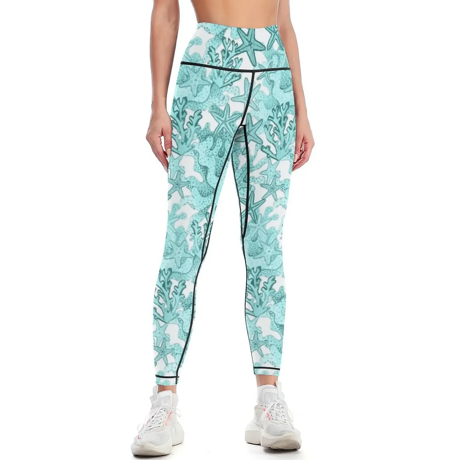 Starfish Watercolor Aqua coral reef ,ocean home decor Leggings gym sportswear woman Sweatpants workout shorts Womens Leggings