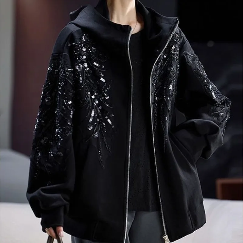 Comfortable Casual Fashion Jacket Beaded Hooded Coat Spring Loose Top New Foreign Style Large Size Women's Clothing High Street