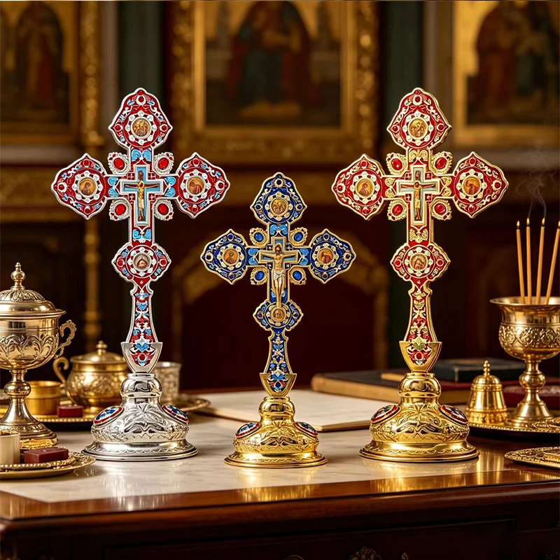 Luxury Dual Tone Gold Silver Orthodox Standing Cross Multi Saint Floral Enamel Gem Embossed Base Cathedral Altar Liturgical Prem
