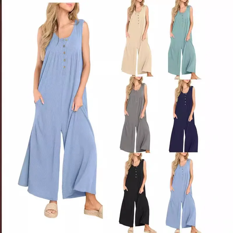 2024 Nieuwe Pocket Jumpsuit Zomer Europese En Amerikaanse Stijl Kleine Frisse Casual Losse Dameskleding