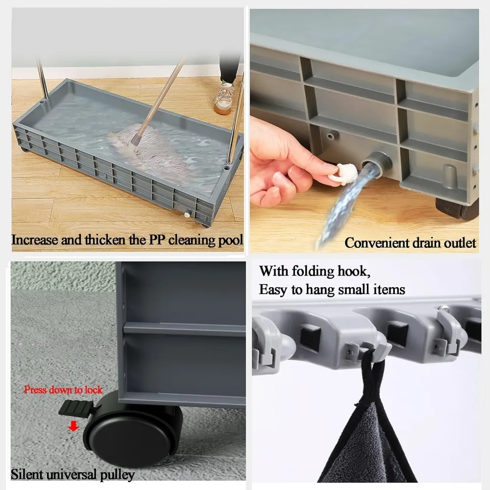 رف تخزين المكنسة والممسحة المحمول، تخزين أدوات الحديقة الخارجية، عربة أدوات التنظيف متعددة الاستخدامات، أداة تنظيف قائمة بذاتها St