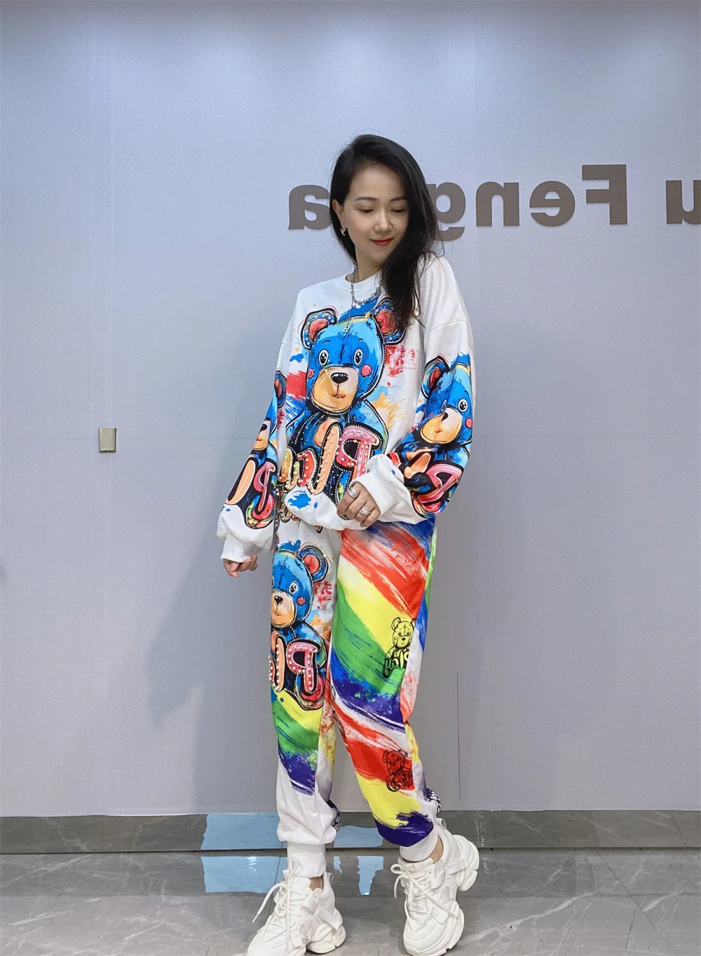 

Beading Cartoon Print Oversized 2 Pieces Sets Women Outfits Casual Loose Pullover O Neck Sweatershirt and Pencil Pant Sets