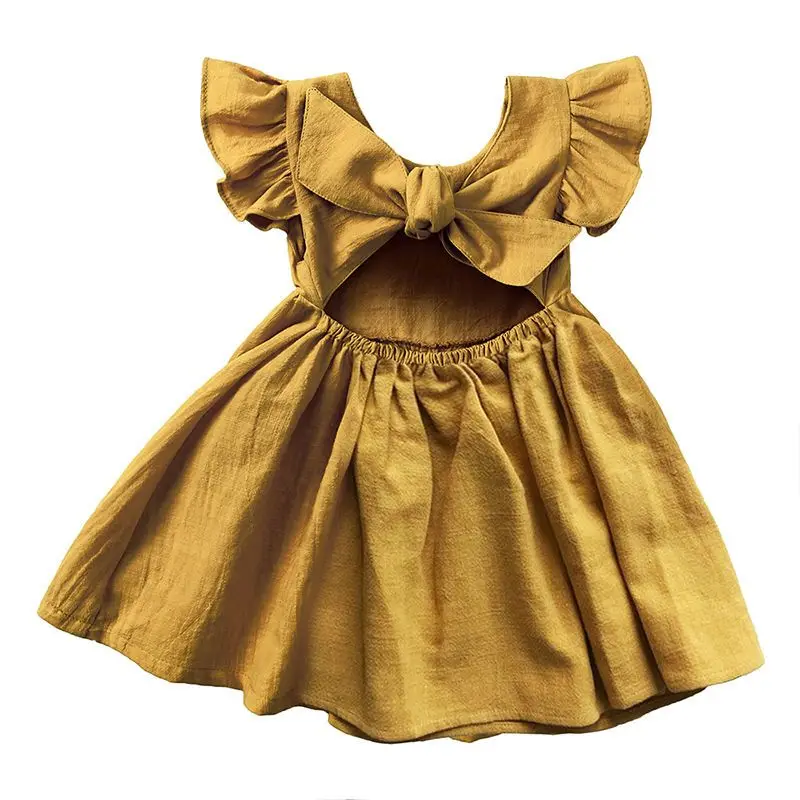 Adorable Linen Cotton Dress for Girl Ruffle Sleeve Back Cutout Sundress Perfect for Daily Wear Parties Photoshoots Summer Outing