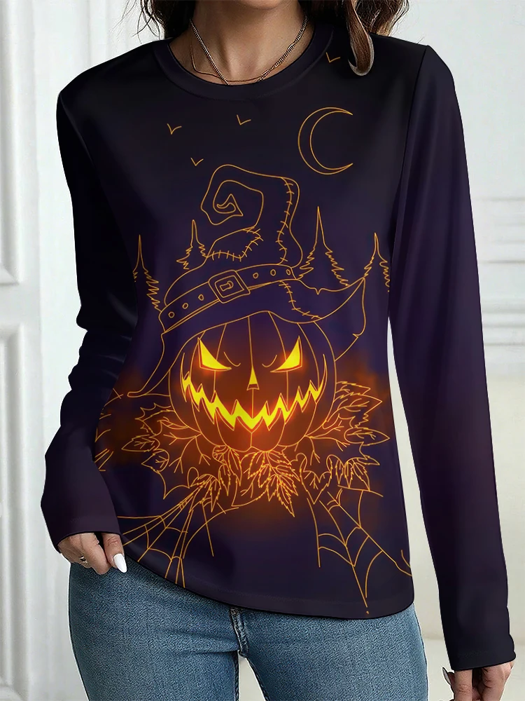 Autumn Long Sleeve Women's T-shirt Fashion Casual Long T-shirt Tops Halloween Spooky Ghost Printing OverSize Women's Clothing