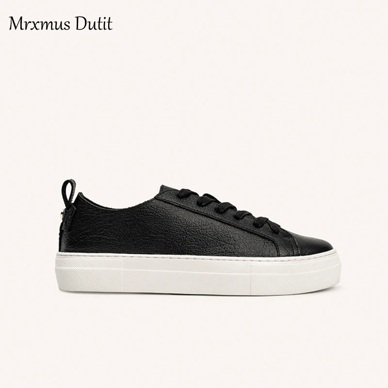 Mrxmus Dutit New 2022 Shoes For Women Fashion Genuine Leather Lacing Flat Shoes Female Solid Simple All-match Casual Sneaker