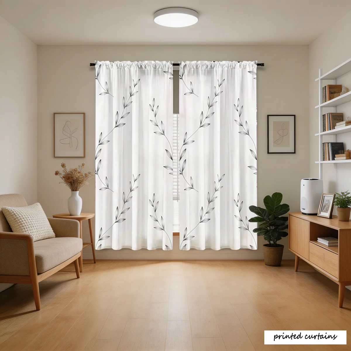 2PCS, White with Grey, Grey Leaf Branch Pattern, Minimalist Style, Flat Printed Curtains, 100% Polyester Fabric, Rod Pocket Sty