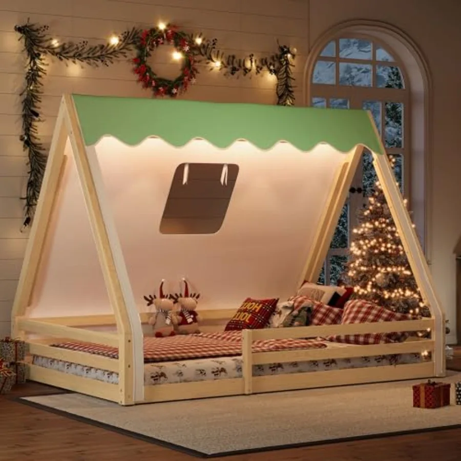 

Full Size Tent-Shaped Montessori Floor Bed with Slats and Full-Length Guardrails in Solid Wood Teepee Design with Tent and Ligh