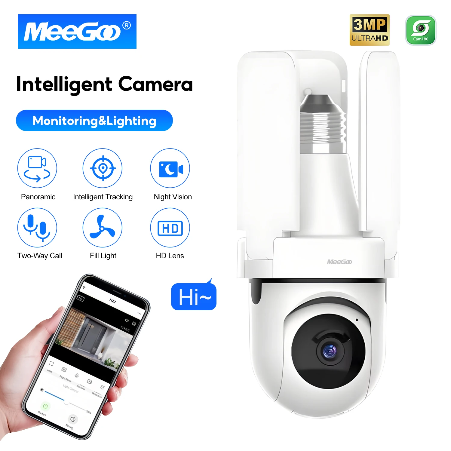 MeeGoo 3MP WiFi Light Bulb Camera, 10m Night Vision, Two-Way Audio, Motion Detection, Humanoid Tracking, Indoor Use