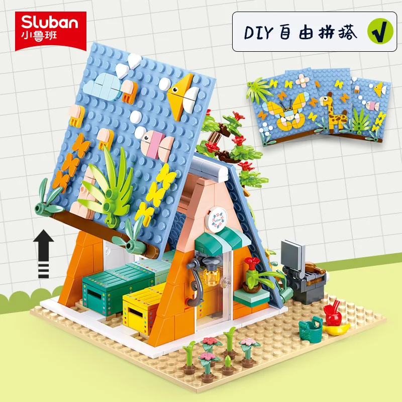 Sluban Camp Hut Building Block Città Creatività Street View Picnic Barbecue Festa Triangolo Casa Bambini Mattoni fai da te Giocattolo Regalo per ragazza