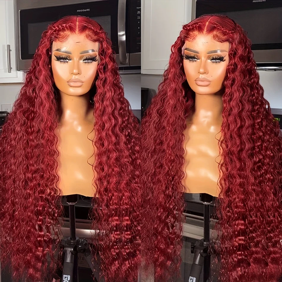 

30 Inch Burgundy 13x4 Lace Front Wigs 99J Deep Wave Wigs Red Colored Curly Human Hair Wig Pre Plucked Lace Frontal Wigs 180%