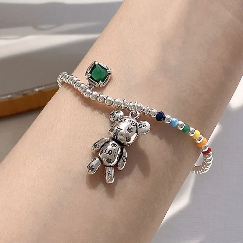 Silver Color Necklace Charm Bracelet Jewelry Colorful Round Beads Design Cute Bear Zircon Pendant Party Jewelry sl208 image 5