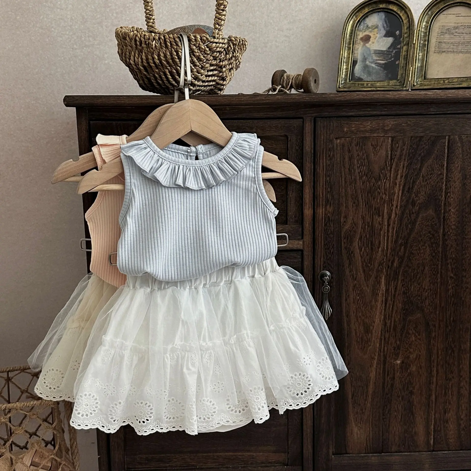 2026 Summer New Baby Girl Sleeveless Vest Clothes Set Cute Infant Girl Mesh Princess Skirts Two-piece Set Toddler Outfits