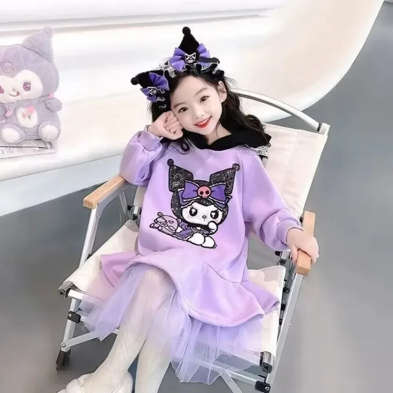 

Платье принцессы с капюшоном Kawaii Anime Sanrio Ins, осеннее платье Kuromi с милым мультяшным принтом, утепленная юбка с длинным рукавом, одежда, подарки для детей