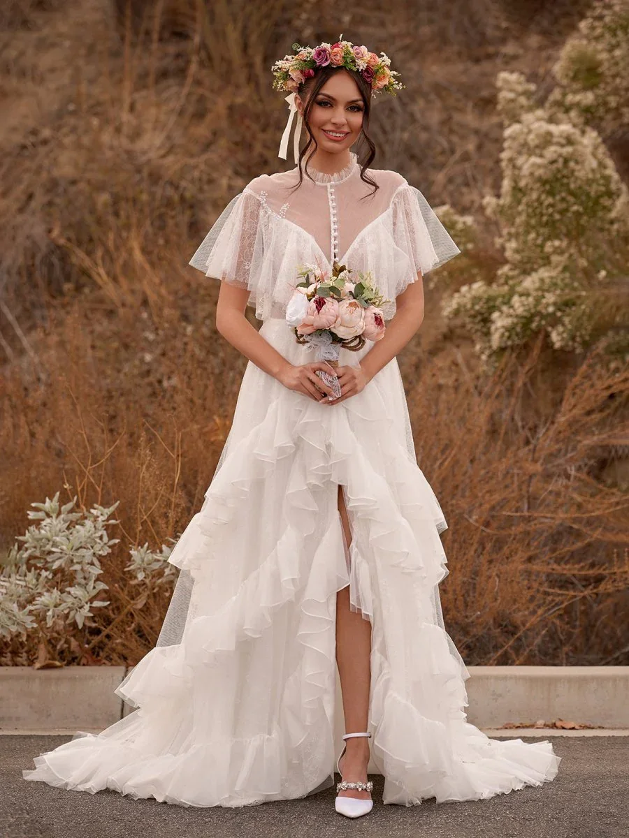 Romantic Bohemian Wedding Dress Women's High Collar Ruffle Gaul Bridal Dress Beach Garden Wedding Dress Customization
