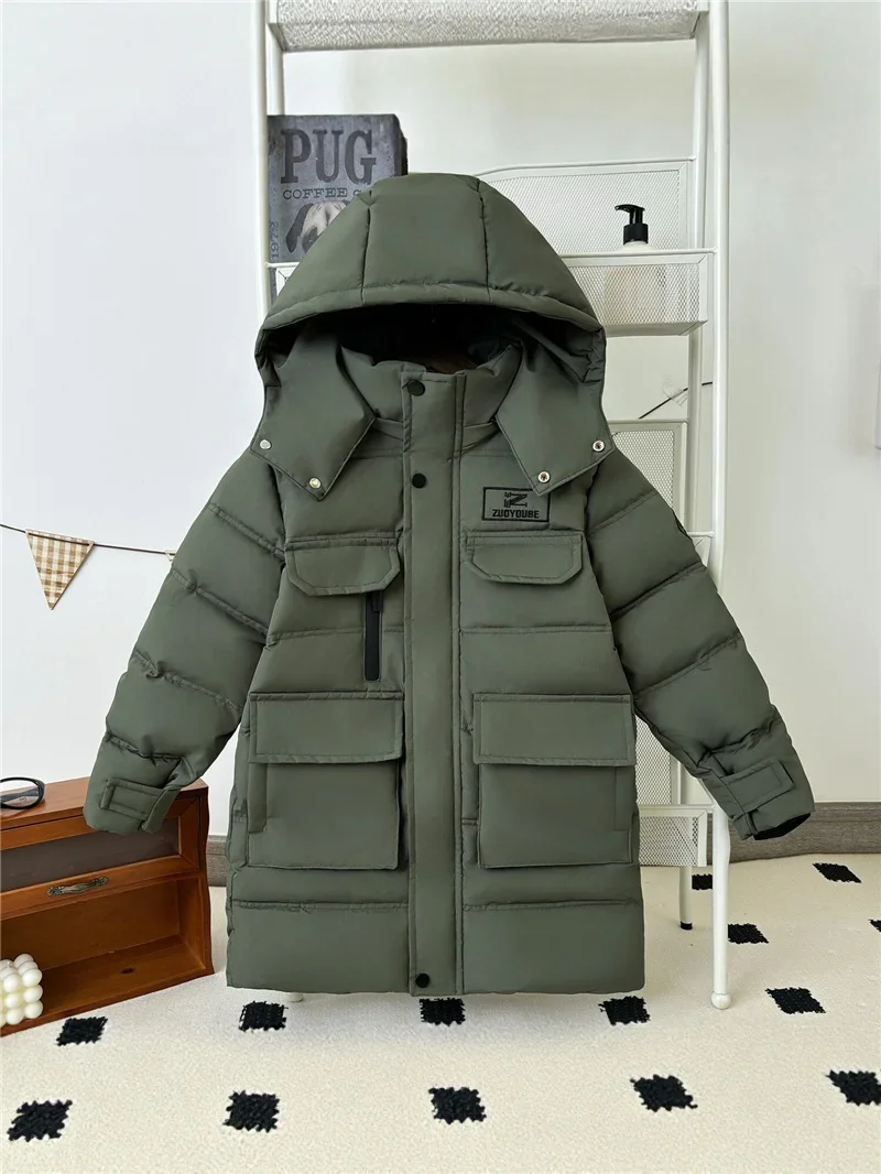 Boys Windproof Long Jackets -30℃ Winter Kids Thick Warm Parka Outerwear Children Cargo Pocket Zipper Snowsuit Coat 5-12 Years 5