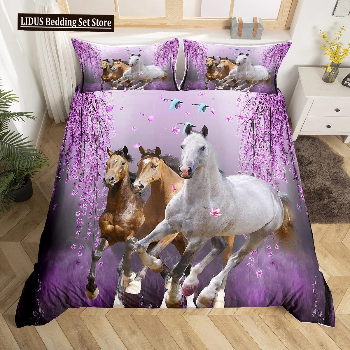 

Horse Duvet Cover Set Cherry Blossom Branches Lavender Purple Bedding Sets Galloping Horse Comforter Cover Quilt Cover 2/3pcs