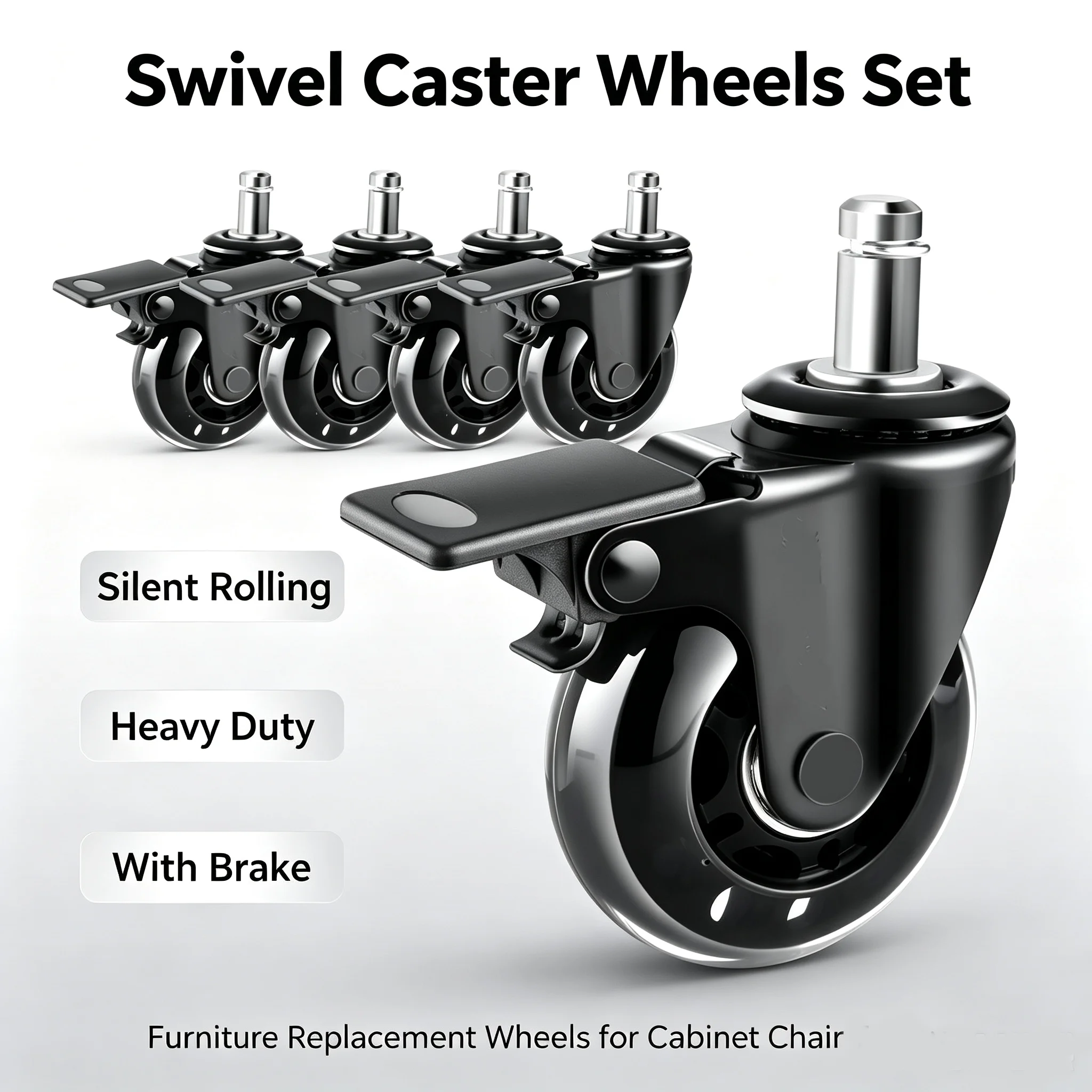 5PCS 3 inch Brake M10/M11X22mm Office Chair Caster Wheels - Silent Swivel Rollers for Hardwood Floors & Furniture