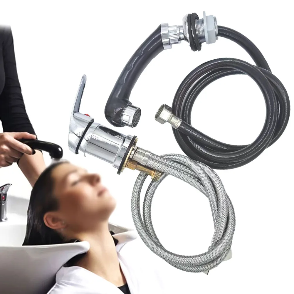 1 Set Single Handle Mixer Tap With Hand Shower For Shampoo Chair Chrome Salon Faucet With 80cm Fabric Hose And Pull-Out Sprayer