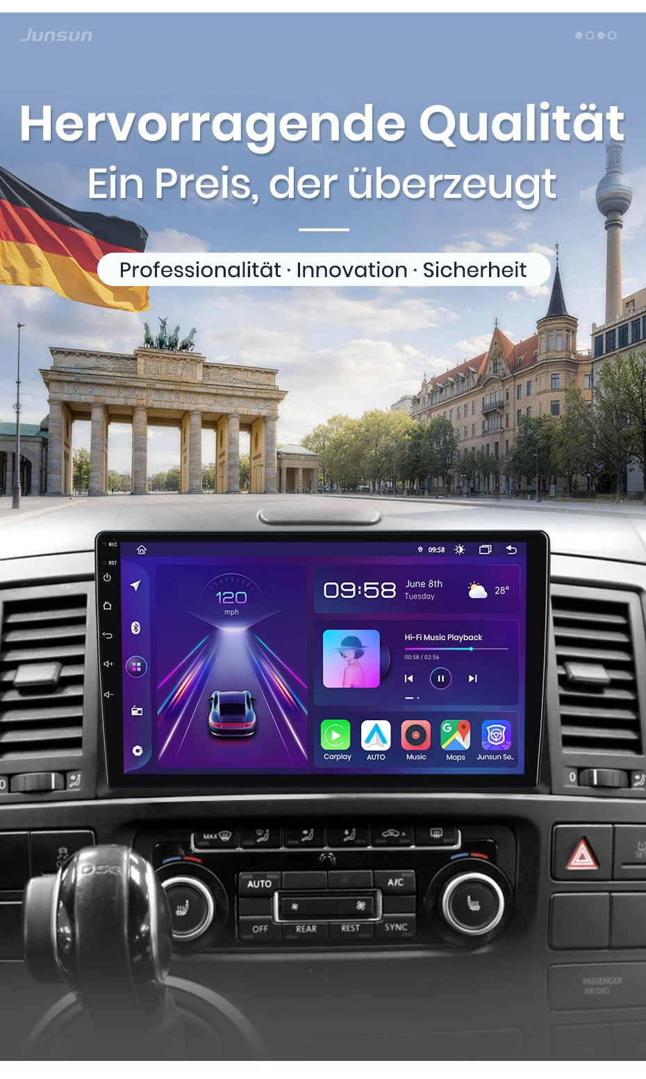Junsun 9-Zoll Android 15 Autoradio für VW Volkswagen Metro Multivan T5 2008 - 2015, kabellos für Apple CarPlay, Auto-IPS-Bildschirm, Stereo-Multimedia-Videoplayer, intelligente Fahrzeugsysteme, 2-DIN-Autoradio-Hauptein – Detail 3