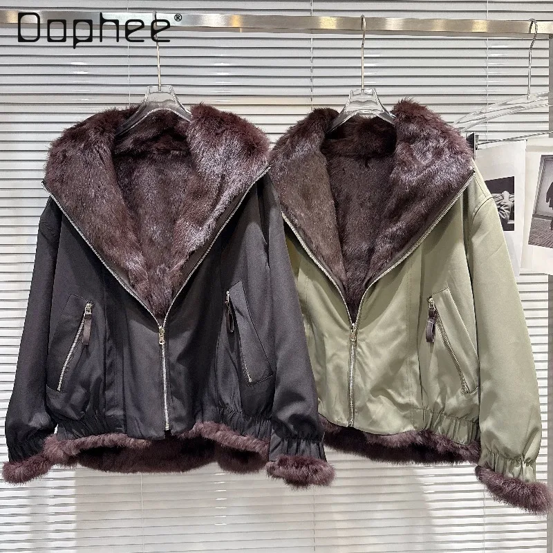 

High-end Rabbit Fur Large Fur Collar Thickened Warm Coat Korean Trendy Reversible Loose Casual Winter Parka Jackets for Women
