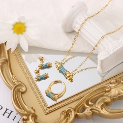 2023 New Fashion3 Piece Jewelry Explosive Sapphire Jewelry Small Waist Necklace Earrings Ring Set Wholesale