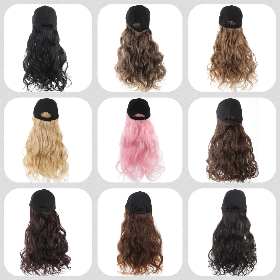 Synthetic Hat Wig 20 inch black baseball cap water wave wig ducktail wig blonde wig brown wig pink wig hat extensions christmas