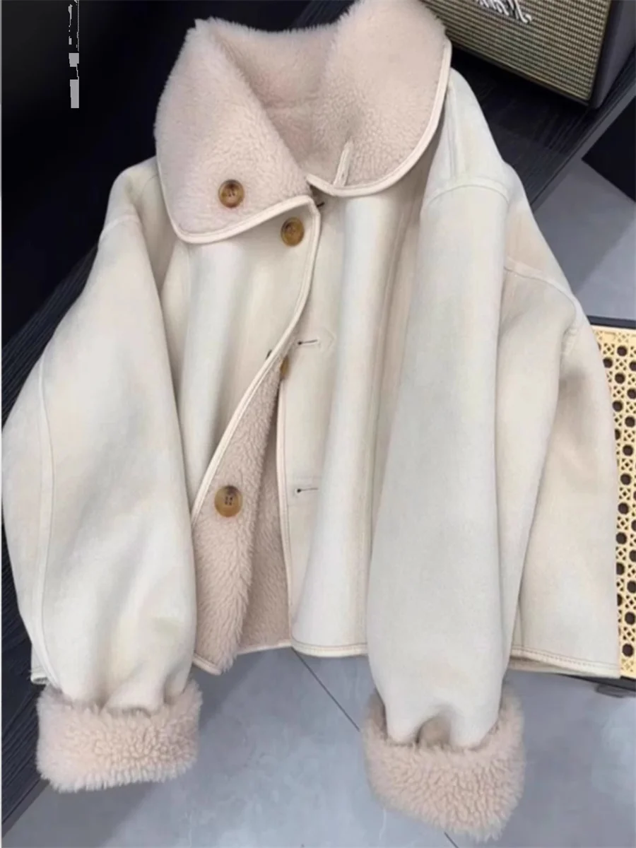 

Корейская женская укороченная куртка из овечьей шерсти с одной пуговицей, осенне-зимняя, свободного кроя, универсальная, теплая