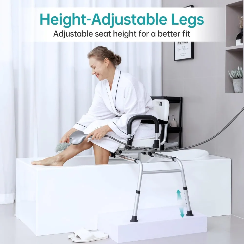 Shower Chair, Transfer Stool with Backrest, with Swivel Arm, Seat Belt, Drain Hole, for Seniors, Bathtub Sliding Shower Chair