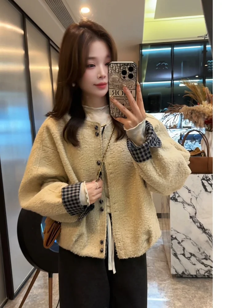 

Xuanxuanchen Ретро-куртка в стиле ретро-волна, осенняя, модная, универсальная, свободного кроя, в гонконгском стиле, повседневная верхняя одежда, свободный крой, с отделкой из овечьей шерсти