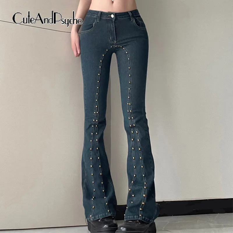 

Cuteandpsycho Vintage Rivet Y2K Flare Jeans Fashion Streetwear Low Waisted Denim Trousers Pockets Grunge 90s Women Long Pants