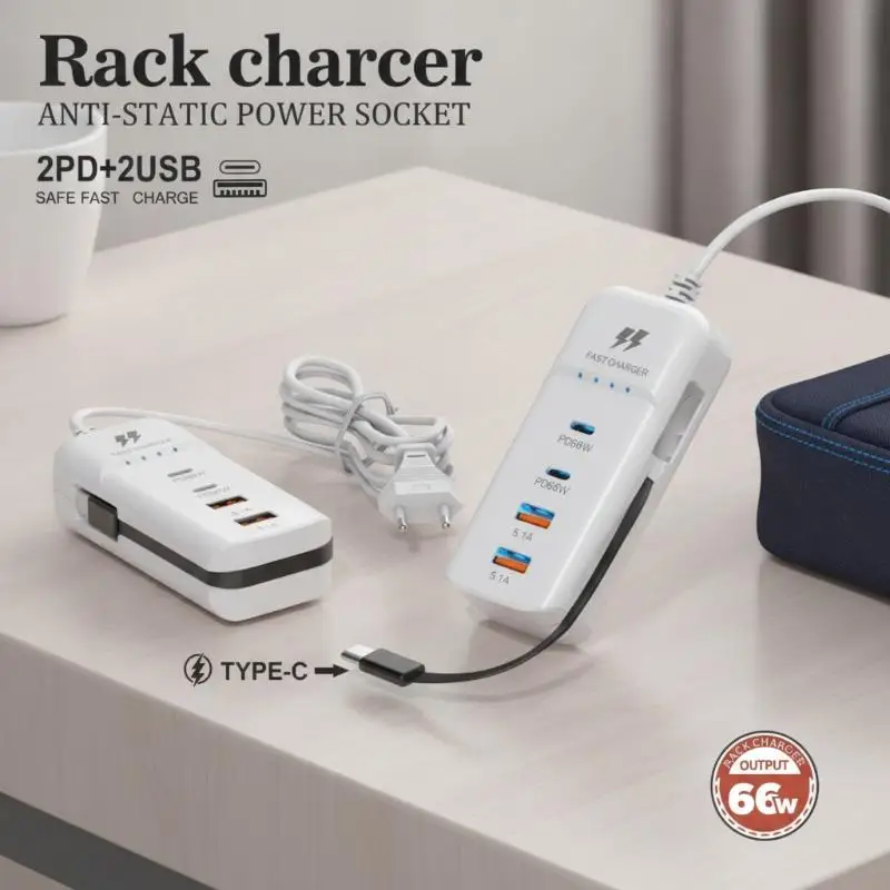 66W PD Fast Charging Power Strip Retractable Cable 2 USB 2 PD Ports Antistatic For Home Office Travel