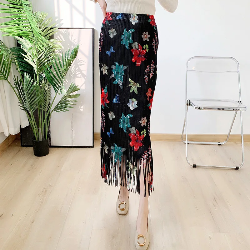 Tassel Skirt 2022 Pleated Summer New Printed Tassel Mid Length Straight  Pleated Skirt