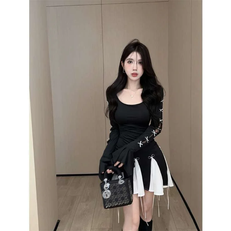 

plus Size 300 Pou Vintage Splice Dr Hepburn Sle Knot Meat Concealing Little Bla Dr Korean Sle A-Line...