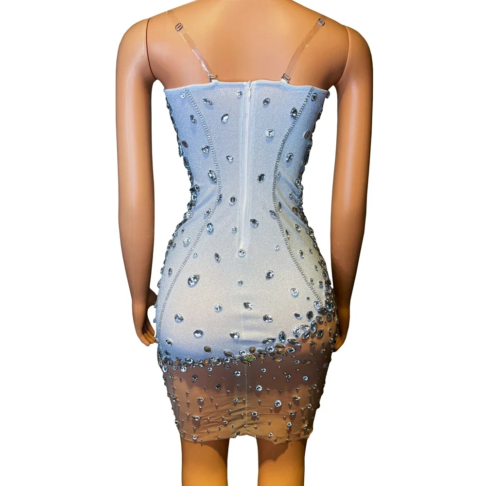 Sparkly strass Mesh See Through V Neck abito corto Singer Sexy festeggia compleanno matrimonio sera Prom Dress Show Wear