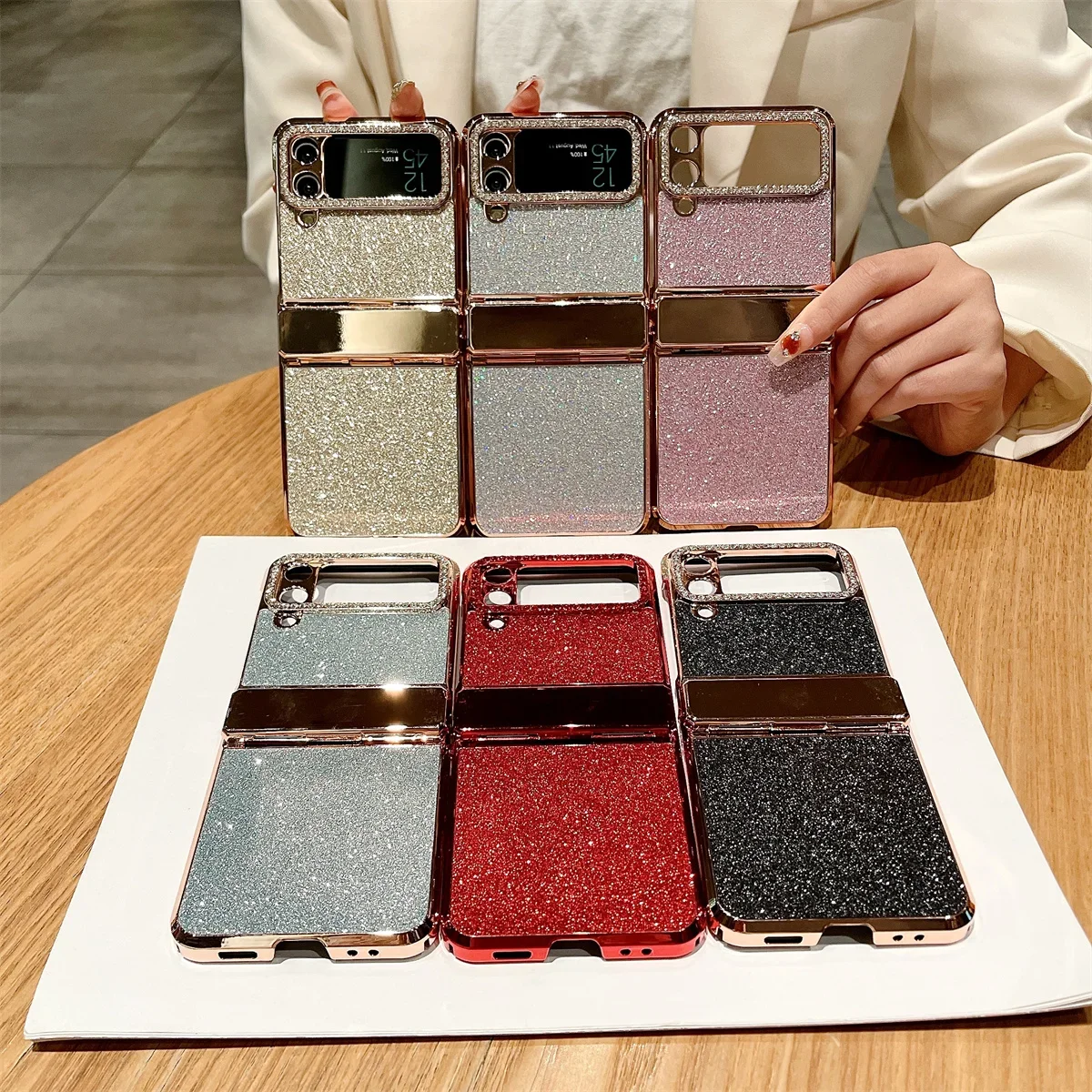 Rhinestone Glitter Bling Pu Leather Trim Phone Case For Samsung Galaxy Z Flip 6 5 4 3 5G Hinge Plating Plastic Back Cover